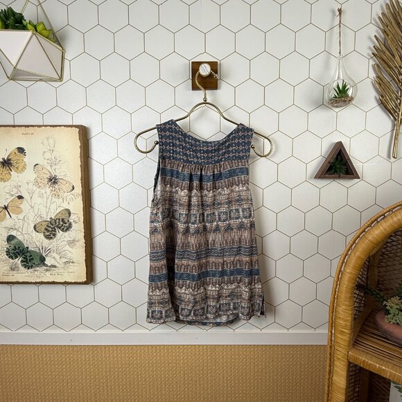 Lucky Brand Boho Blue Geometric Sleeveless Tie-Front Top - Size - XS - Picture 3 of 5